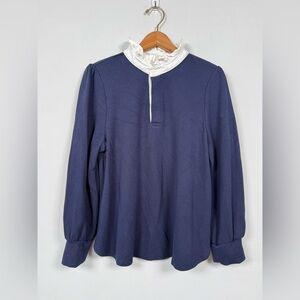Soft Surroundings Blue Blouse with White Ruffle Collar, Size PL